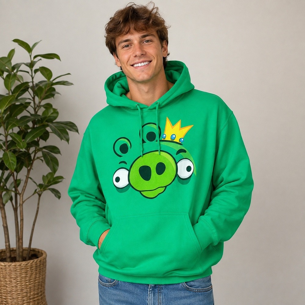 Angry Birds King Pig Hoodie Mens M Green Fifth Sun Graphic Pullover Sweatshirt